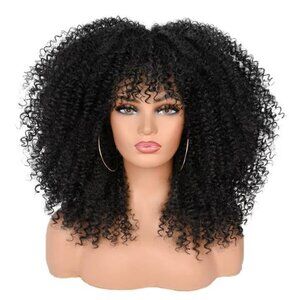 16Inch Curly Wigs for Black Women Black Afro Bomb Curly Wig with Bangs Synthetic